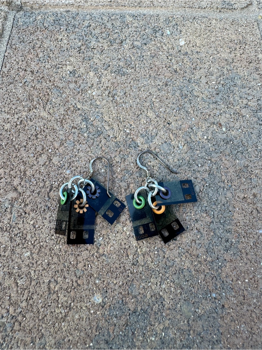 Handmade Black Filmstrip Dangle Earrings with Colorful Accents